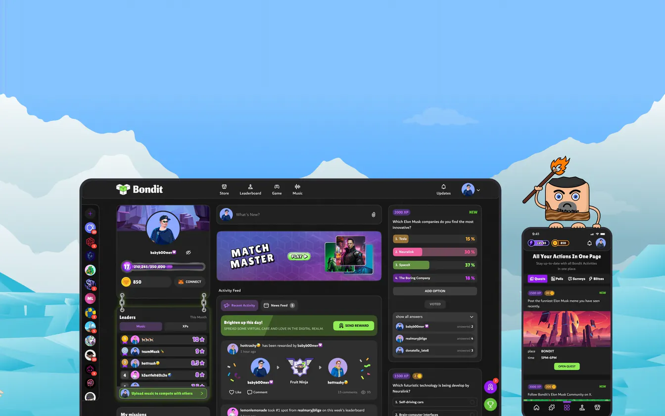 The Bondit web dashboard with leaderboard, activity feed and polls, beside the mobile quests screen.