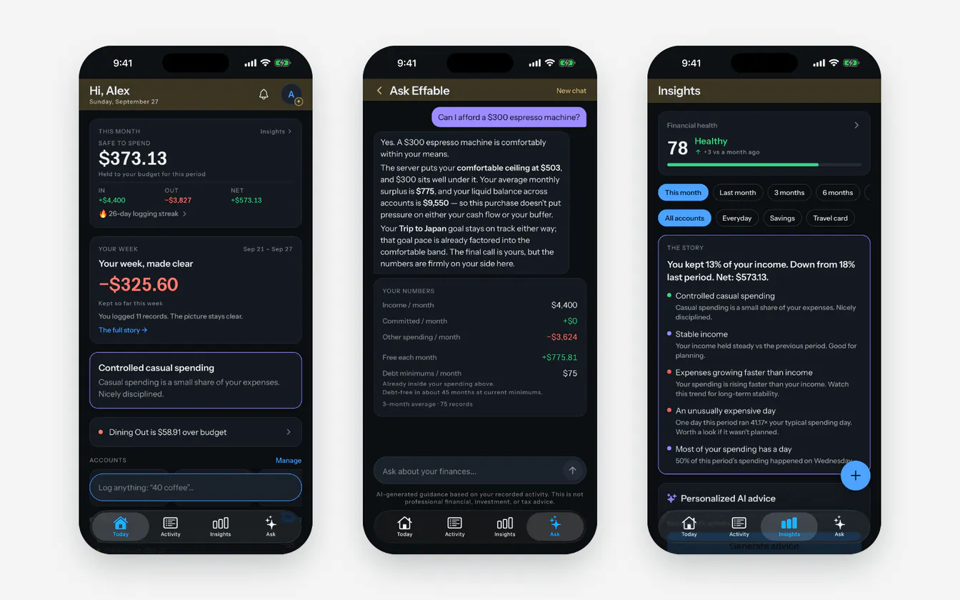 Three Effable screens on iPhone, with demo data: Today, Ask Effable and Insights.