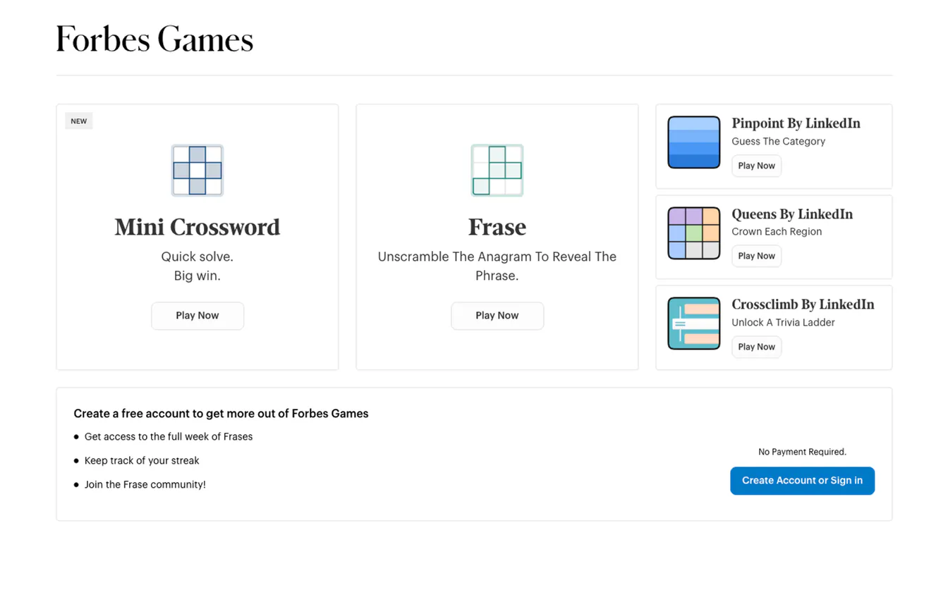 The Forbes Games page: Mini Crossword and Frase beside LinkedIn’s Pinpoint, Queens and Crossclimb.