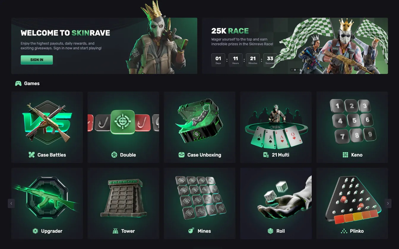 The Skinrave.gg home page: promotional banners above the grid of game tiles.